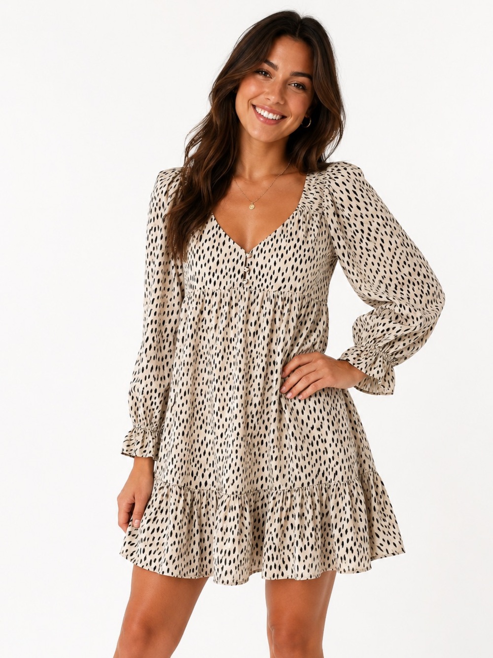 Women's Cream Printed Tiered Mini Dress with Puff Sleeves